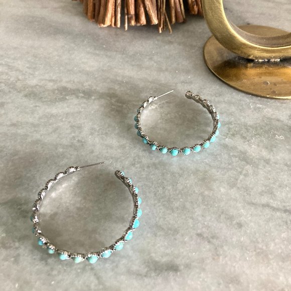 Turquoise Western Studded Silver Hoop Earrings - Picture 5 of 7